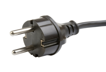 Black electrical plug with a long cord for power connections and appliances isolated with transparent background