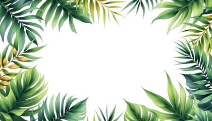 Watercolor vector banner tropical leaves isolated on a white background. Green leaves border watercolor. Fresh green leaves frame. Tropical leaves foliage plant bush floral arrangement nature
