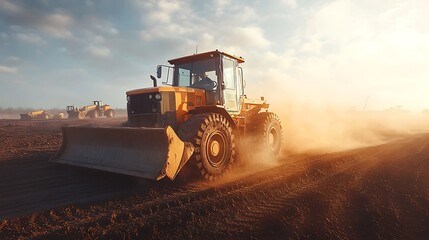 A powerful motor grader leveling the ground at a large construction site, dust rising as the blade smooths the dirt road, sun shining brightly, construction machinery in the background,