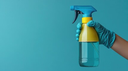 Gloved hand holding plastic spray bottle for cleaning solutions against a teal background promoting hygiene and cleanliness in home care.