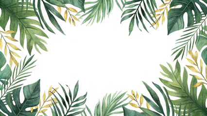 Watercolor vector banner tropical leaves isolated on a white background. Green leaves border watercolor. Fresh green leaves frame. Tropical leaves foliage plant bush floral arrangement nature