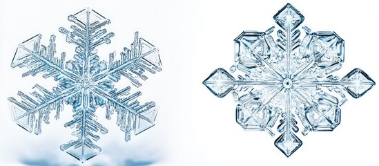 Intricate macro photography of two unique snowflakes showcasing their delicate and symmetrical crystal structures on a soft blue background