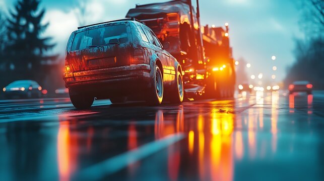 A powerful tow truck pulling a broken-down car off a busy highway, bright sunlight reflecting off the truck&rsquo;s metal surface, traffic moving past in a blur, realistic tire and vehicle details,