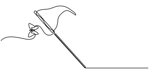 Continuous one line drawing black and white picture of insect net for children's cartoon coloring, man in a panama hat with a butterfly net behind his back is walking - one line drawing. butterfly.