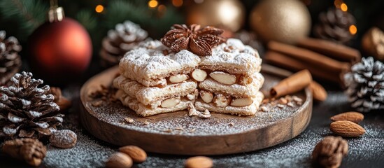 Ricciarelli almond pastries on wooden board surrounded by Christmas ornaments pine cones and spices festive holiday treat concept