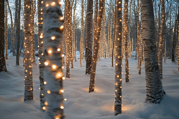Obraz premium A magical snowy forest with glowing fairy lights, frosted trees, and a serene winter atmosphere, perfect for holiday and New Year themes