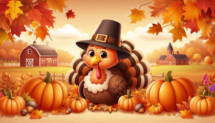 Celebrate the charm of fall with this festive turkey and vibrant pumpkins. A cheerful autumn scene full of harvest, color, and warmth—perfect for your Thanksgiving season