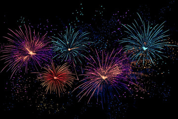 A vibrant night sky lit by colorful fireworks, perfect for New Year celebrations, festive events, and party invitations