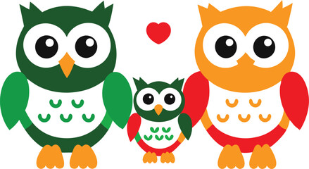 Cute Cartoon Owl Family Mom, Dad, and Baby Owl