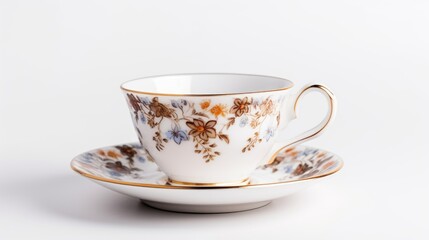 Fototapeta premium Vintage porcelain tea cup and saucer with floral design isolated on white background showcasing retro elegance and classic charm.