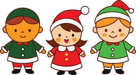 Adorable Christmas Elves and Santa Girl Cartoon Illustration