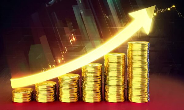 A financial growth animation with gold coins stacking beside a 3D bar chart, accompanied by a glowing upward-pointing arrow