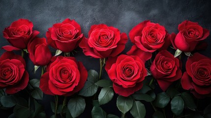 Obraz premium Vibrant Red Roses in Bloom on Dark Background Perfect for Romantic Themes and Floral Decor