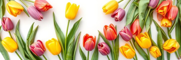 Fototapeta premium Colorful tulip flowers arranged in a botanical border frame for Easter celebration, featuring a mix of vibrant hues and green leaves on a white background, tulip, vibrant