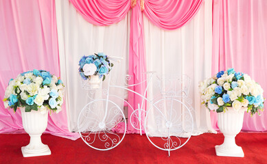Pink and white curtain with flower bouquet background for wedding scene