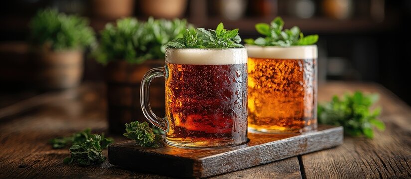 Craft Beer Mugs with Fresh Mint on Wooden Platter in Rustic Setting Perfect for Brewery Promotions and Social Gatherings