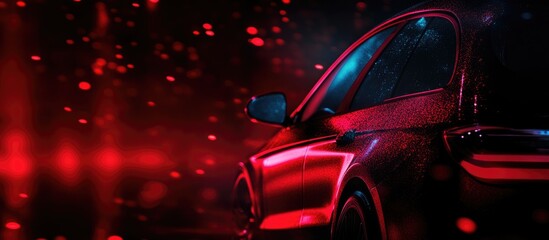 Automotive design innovation with a focus on red car side window glass illuminated by vibrant lighting effects and reflections.
