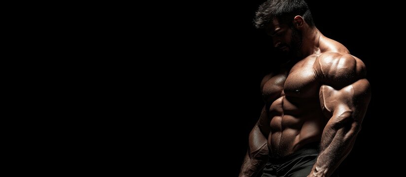 Muscular athletic man showcasing strength and definition against a dramatic black backdrop ideal for fitness and bodybuilding concepts - Powered by Adobe