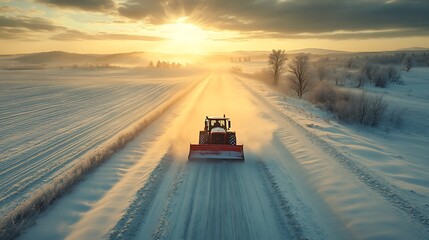 Aerial shot of a snowplow clearing a rural road surrounded by snowy fields, sunrise creating golden light on the snow, long shadows cast behind the plow, detailed tracks left in the snow,