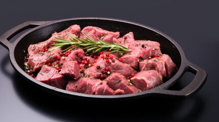 Raw beef chunks seasoned with thyme and pepper in a black ceramic pan isolated on a white background for culinary presentations and recipes.