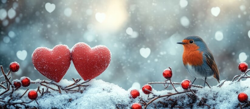 Romantic winter scene with two red hearts, a bird, and a blank frame surrounded by snow and transparent heart motifs in the background