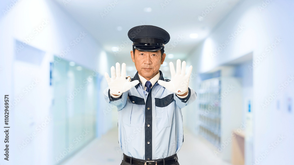 Leinwandbilder 警察官、警察、パトロール、警官、セキュリティ、警備員、通行止め、立入禁止、ストップ、警備、禁止、規制、止める、停止、制止、警備会社、防犯、防災、制服、守衛、ガードマン、門番、見張り、保安、ボディガード、見回り、巡回、監視、取り締まり、見守り、安全、違反、違法、ルール、ダメ、お断り、NG、上半身、工事、建設、危険、スローモーション、通路、病院、ビル、施設、役所、エントランス、入口、人物