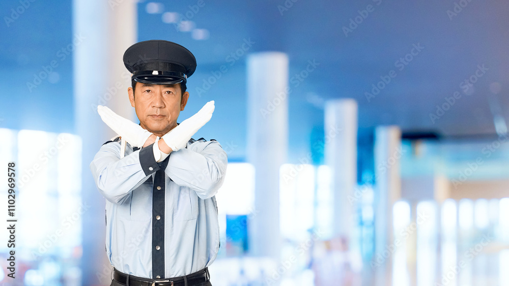 Leinwandbilder 警察官、男性、警備員、禁止、ストップ、バツ、違反、違法、ダメ、取り締まり、警備、セキュリティ、危険、リスク、立入禁止、日本人、罰則、法律、ルール、警備会社、防犯、防災、制服、守衛、ガードマン、門番、見張り、パトロール、監視、麻薬、覚醒剤、厳禁、間違い、NG、禁煙、お断り、上半身、通関、検問、仕事、規制、スローモーション、施設、ビル、ホール、ラウンジ、病院、イベント、公共施設、人物