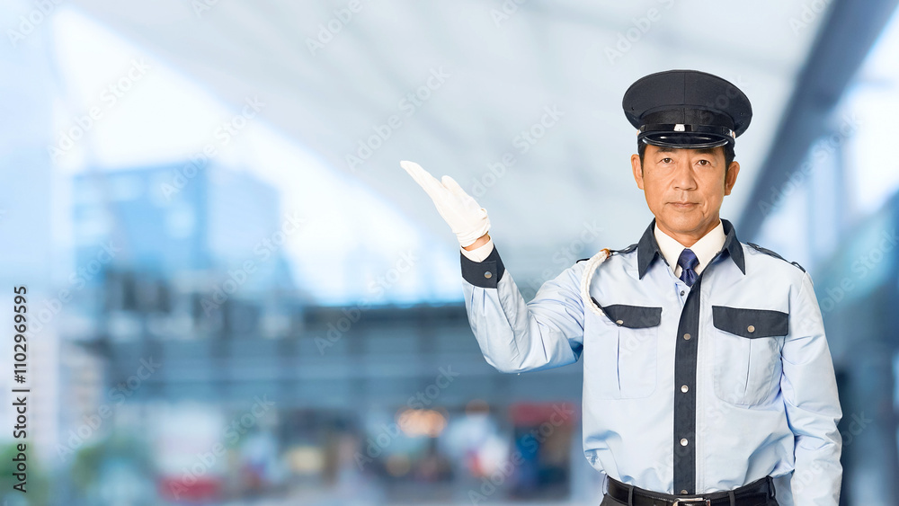 Leinwandbilder 警察官、警備員、警察、誘導、案内、警備、日本人、男性、紹介、お知らせ、指す、URL、警官、交通整理、通行、合図、ガイド、告知、報告、見せる、提案、研修、教育、宣伝、広告、PR、おすすめ、勧める、説明、解説、セキュリティ、警備会社、防犯、防災、制服、守衛、交番、道案内、職業、仕事、アルバイト、中年、ミドルエイジ、スローモーション、駅、駅前、都市、治安、都会、人物