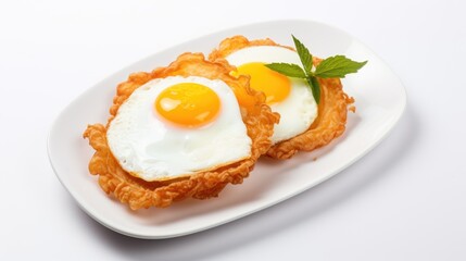 Crispy Thai deep fried eggs served on a white plate garnished with fresh mint leaves for a delicious culinary presentation