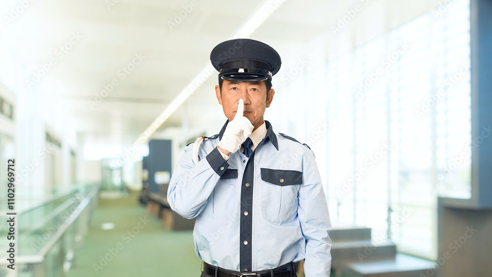 Fototapete セキュリティ、パトロール、警察官、警察、警官、警備員、静かに、内緒、秘密、警備、防犯、騒音、防音、機密、警備会社、防災、制服、守衛、ガードマン、門番、お巡りさん、交番、巡査、職業、仕事、アルバイト、中年、ミドルエイジ、男性、日本人、巡回、監視、取り締まり、見守り、安全、キープクワイエット、オフィス、図書館、施設、迷惑、通報、スローモーション、ビル、ホール、ラウンジ、博物館、病院、イベント、美術館、