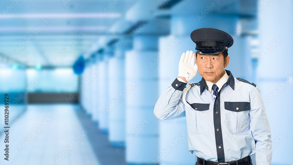 Aufkleber 警察官、警察、パトロール、セキュリティ、警備員、男性、警官、聞き耳、聞く、秘密、防犯、捜査、騒音、聞き取り、内緒、警備、警備会社、防災、制服、守衛、ガードマン、門番、お巡りさん、巡査、職業、仕事、アルバイト、中年、ミドルエイジ、日本人、巡回、監視、取り締まり、安全、内偵、安心、警戒、確認、チェック、泥棒、盗聴、強盗、スローモーション、地下、通路、駅、駅員、地下鉄、地下道、人物