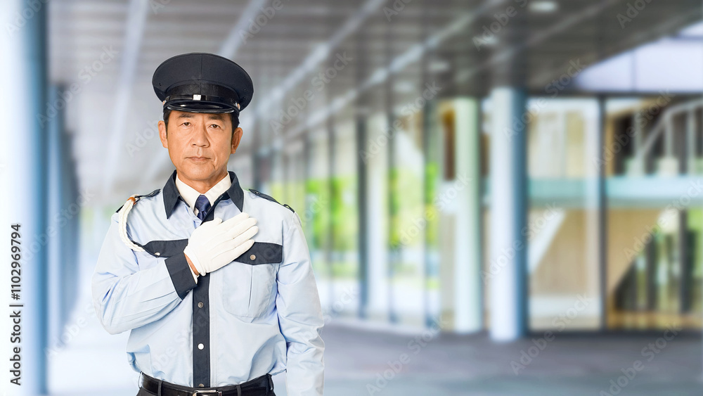 Poster 警察、警察官、セキュリティ、警官、制服、パトロール、警備員、安心、信頼、警備、防犯、おまかせ、依頼、派遣、通報、巡回、監視、取り締まり、見守り、安全、警戒、警報、警備会社、防災、守衛、お巡りさん、交番、巡査、職業、仕事、アルバイト、中年、ミドルエイジ、男性、日本人、正義、守る、真心、誠実、公務員、公共、スローモーション、ビル、エントランス、施設、ホール、駅、通路、イベント、人物