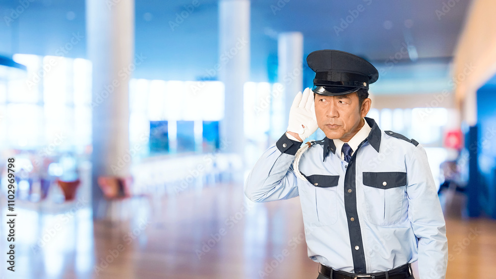 Poster 警察官、セキュリティ、警察、パトロール、警官、捜査、警備員、聞き耳、聞く、秘密、防犯、騒音、聞き取り、内緒、警備、警備会社、防災、制服、守衛、お巡りさん、交番、巡査、職業、仕事、アルバイト、中年、ミドルエイジ、男性、日本人、巡回、監視、取り締まり、安全、内偵、安心、強盗、泥棒、警戒、確認、盗聴、空き巣、スローモーション、施設、ビル、ホール、ラウンジ、病院、イベント、美術館、人物