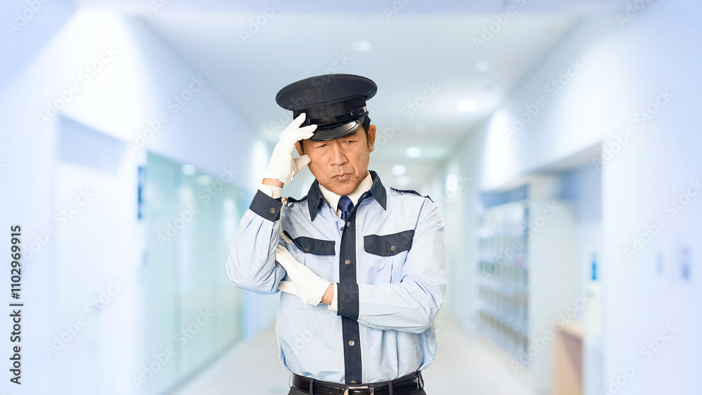 Poster 警察官、警官、警察、パトロール、セキュリティ、警備員、制服、男性、悩む、ストレス、転職、仕事、日本人、考える、疑問、トラブル、問題、課題、警備、不安、心配、プレッシャー、疲労、再雇用、警備会社、防犯、防災、守衛、ガードマン、門番、職業、アルバイト、中年、ミドルエイジ、監視、取り締まり、見守り、安全、安心、通報、頭痛、スローモーション、通路、病院、ビル、施設、役所、エントランス、入口、人物