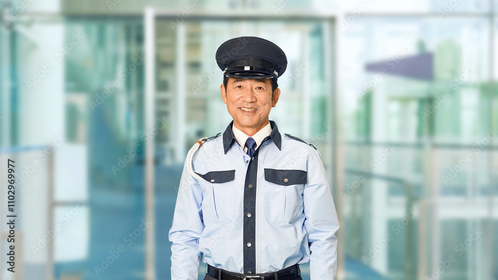 Aufkleber 警察官、警官、セキュリティ、警察、安全、パトロール、警備員、制服、笑顔、日本人、優しい、警備、安心、防犯、警備会社、防災、守衛、ガードマン、門番、お巡りさん、交番、巡査、見張り、職業、仕事、アルバイト、中年、ミドルエイジ、男性、見回り、巡回、監視、取り締まり、見守り、通報、ポジティブ、訪問、交通整理、道案内、相談、公務員、スローモーション、ビル、エントランス、空港、施設、ホール、通路、イベント、人