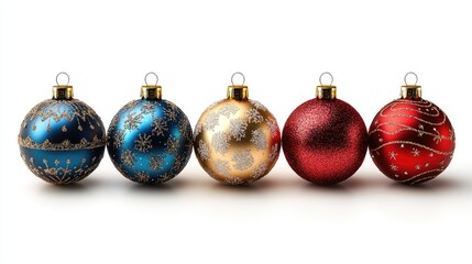 Colorful Christmas ornaments with intricate designs on a white background for festive holiday decor and celebrations.