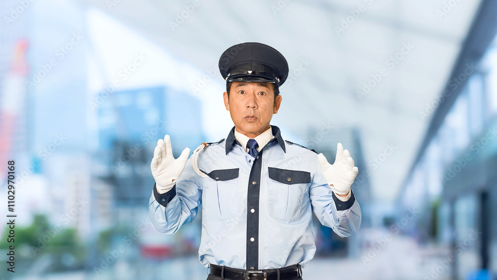 Fototapete 警察官、警官、制服、警察、パトロール、セキュリティ、捜査、警備員、驚く、びっくり、事件、事故、盗難、不祥事、ショック、警備、警備会社、防犯、防災、守衛、ガードマン、門番、職業、仕事、アルバイト、中年、ミドルエイジ、男性、日本人、見回り、巡回、監視、取り締まり、見守り、安全、発見、殺人、傷害、トラブル、犯罪、目撃、スローモーション、駅、駅前、都市、治安、社会、繁華街、都会、人物