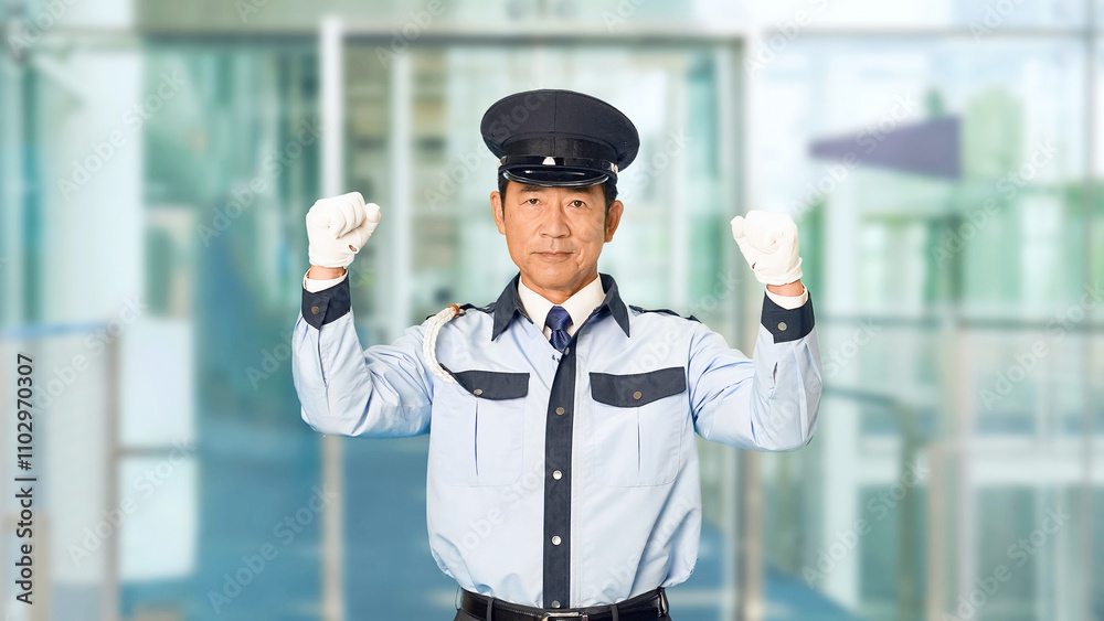 Fototapete 警察官、セキュリティ、制服、警察、パトロール、安全、警備員、男性、ガッツポーズ、元気、やる気、パワフル、気合い、警備、日本人、中年、ミドルエイジ、職業、仕事、アルバイト、警備会社、防犯、防災、守衛、ガードマン、門番、巡回、監視、取り締まり、見守り、交番、チャレンジ、挑戦、目標、表彰、賃上げ、やりがい、パワー、嬉しい、喜ぶ、楽しい、スローモーション、ビル、エントランス、施設、ホール、駅、通路、イベン