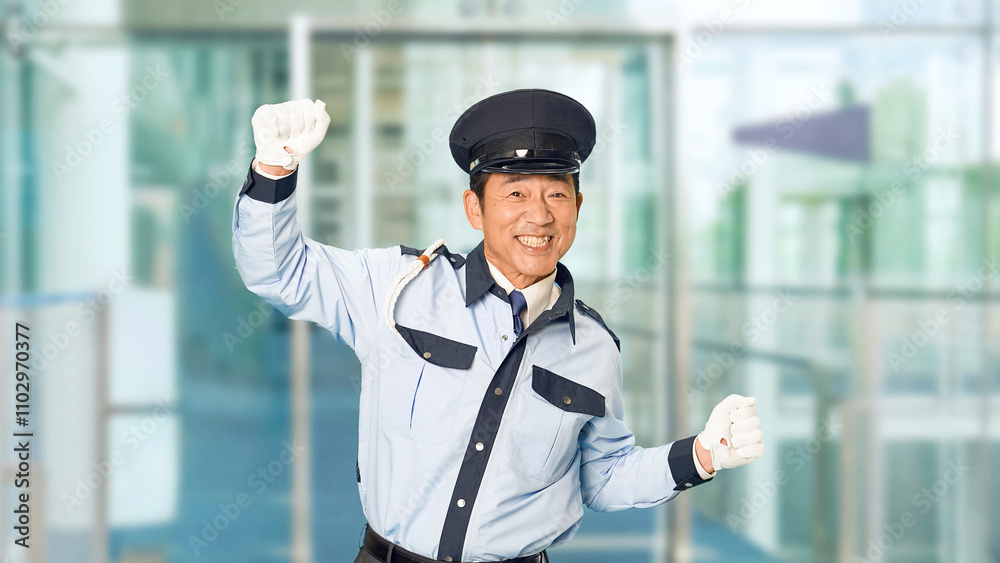 Fototapete 警察官、警察、男性、警官、パトロール、警備員、ダンス、踊る、警備、DJポリス、歌う、楽しい、仕事、職業、アルバイト、守衛、取り締まり、パーティー、コスプレ、交通整理、セキュリティ、警備会社、防犯、防災、制服、ガードマン、演劇、ミュージカル、ステージ、ノリノリ、リズム、日本人、巡回、安全、安心、音楽、ダンサー、嬉しい、上半身、喜ぶ、賃上げ、スローモーション、ビル、エントランス、施設、ホール、駅、通路
