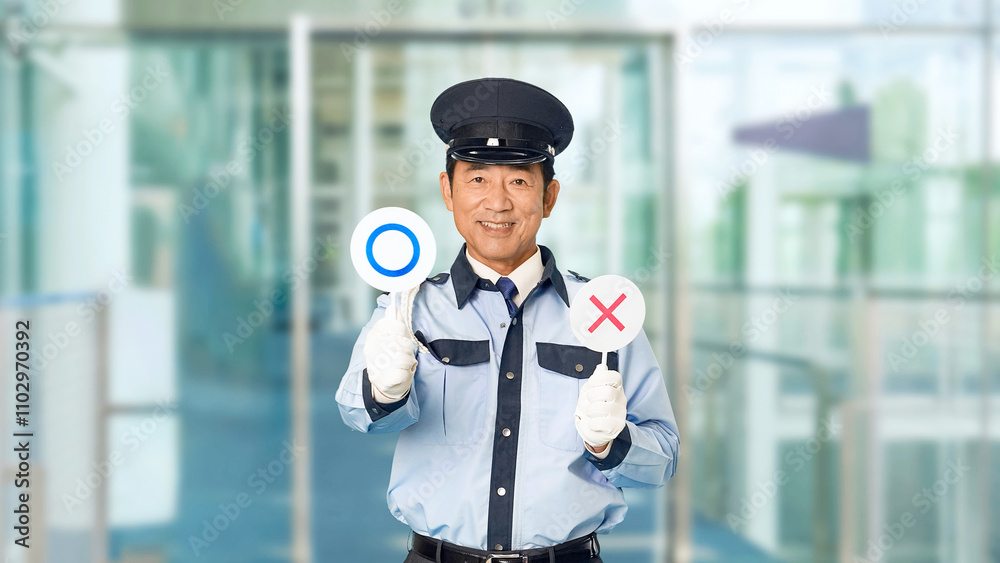 Aufkleber 警察官、制服、警察、パトロール、セキュリティ、警官、警備員、マルバツ、正解、合法、警備、許可、合格、OK、まる、丸、クイズ、Q&A、FAQ、正しい、問題、了解、警備会社、防犯、防災、守衛、門番、職業、仕事、アルバイト、中年、ミドルエイジ、男性、日本人、監視、取り締まり、見守り、安全、安心、おすすめ、承認、スローモーション、ビル、エントランス、施設、ホール、駅、通路、イベント、人物
