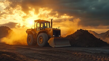 Obraz premium Bulldozer in action at a construction site, pushing a massive heap of dirt, dust clouds illuminated by the sun, tire tracks visible in the background, vibrant lighting, realistic and detailed finish,