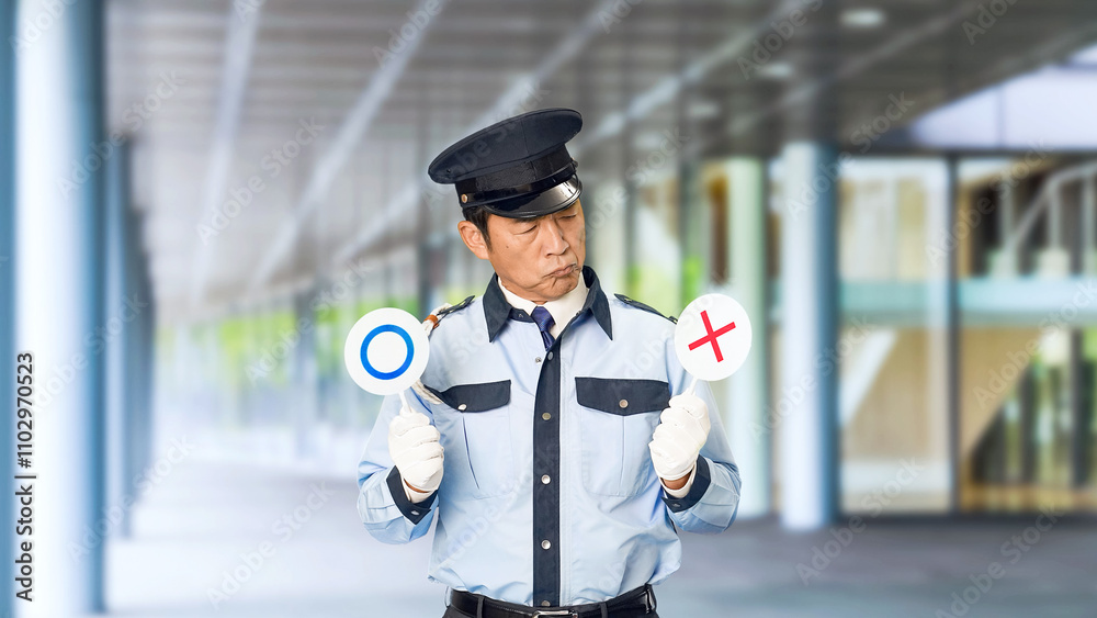 Poster 警察、警察官、パトロール、セキュリティ、警備員、制服、ルール、マルバツ、法律、違反、違法、判断、日本人、男性、迷う、司法、取り締まり、警備、警備会社、防犯、防災、守衛、税関、交番、公務員、職員、職業、仕事、アルバイト、中年、ミドルエイジ、監視、見守り、安全、安心、通報、正解、質問、疑問、悩む、考える、スローモーション、通路、病院、ビル、施設、役所、エントランス、入口、人物
