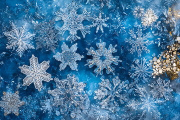 A modern abstract design featuring intricate snowflakes in blue and silver tones, creating a frosty, winter-inspired New Year theme