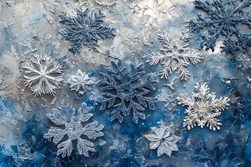 A modern abstract design featuring intricate snowflakes in blue and silver tones, creating a frosty, winter-inspired New Year theme