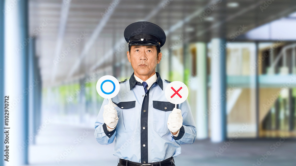 Poster 警察、警察官、パトロール、セキュリティ、警備員、制服、ルール、マルバツ、法律、男性、違反、違法、判断、日本人、迷う、司法、取り締まり、警備、警備会社、防犯、防災、守衛、税関、交番、公務員、職員、職業、仕事、アルバイト、中年、ミドルエイジ、監視、見守り、安全、安心、通報、正解、質問、疑問、悩む、考える、スローモーション、通路、病院、ビル、施設、役所、エントランス、入口、人物