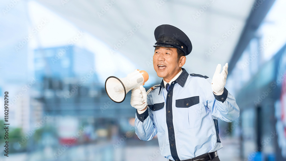 Aufkleber 警察官、男性、警察、警備員、拡声器、スピーカー、誘導、DJポリス、交通整理、イベント、混雑、案内、ガイド、応援、セキュリティ、警備、警備会社、防犯、防災、制服、守衛、職業、仕事、アルバイト、中年、ミドルエイジ、日本人、パトロール、監視、取り締まり、見守り、安全、安心、ダンス、踊る、歌う、呼びかけ、注意、警戒、警告、笑顔、スローモーション、駅、駅前、都市、治安、社会、都会、繁華街、人物