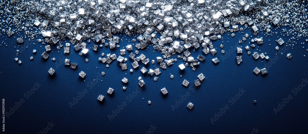 Wall mural silver glitter and sparkles scattered on deep blue background creating a shimmering flat lay composi