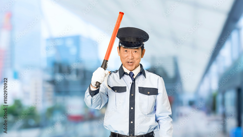 Leinwandbilder 警察、警察官、警備員、交通整理、誘導、警備、交通、道路、安全、誘導灯、工事現場、建設、駐車場、案内、通行止め、検問、規制、セキュリティ、男性、警備会社、防犯、職業、仕事、アルバイト、中年、ミドルエイジ、日本人、取り締まり、見守り、ガイド、笑顔、制服、イベント、守衛、管理人、通行、働く、片側交互通行、工事、事件、事故、スローモーション、駅、駅前、都市、治安、社会、都会、繁華街、人物