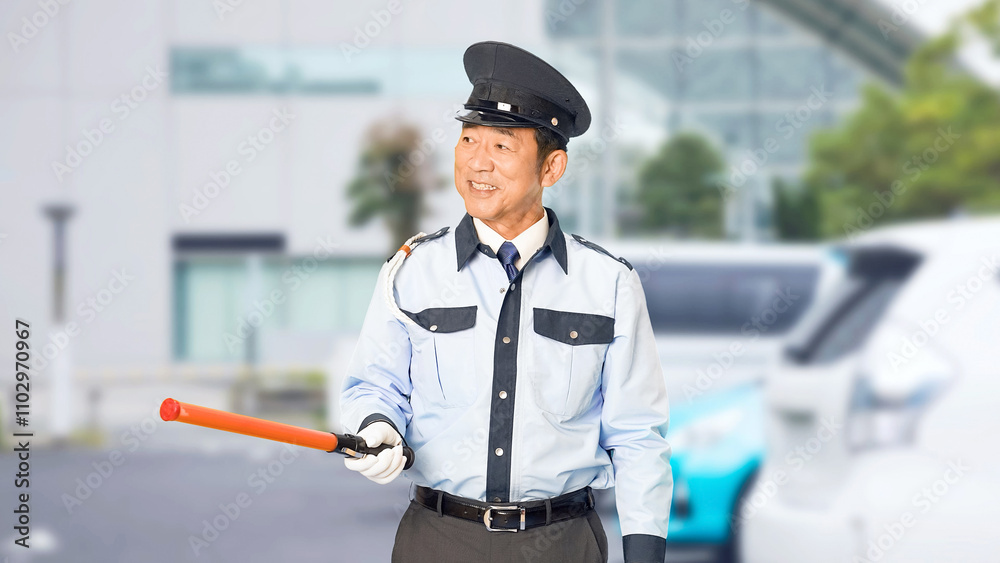 Aufkleber 警察官、自動車、警備員、交通整理、誘導、警備、警察、交通、道路、安全、誘導灯、工事現場、建設、駐車場、案内、通行止め、検問、規制、男性、セキュリティ、警備会社、防犯、職業、仕事、アルバイト、中年、ミドルエイジ、日本人、取り締まり、見守り、ガイド、笑顔、制服、イベント、守衛、管理人、通行、働く、片側交互通行、工事、事件、事故、スローモーション、駐車、パーキング、ビル、施設、都市、入場、人物