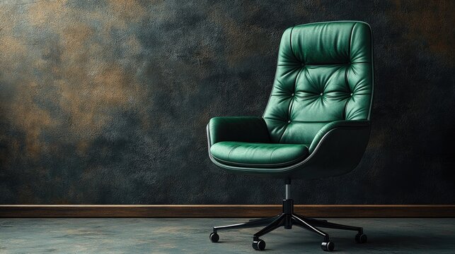 Green office chair highlighting a vacant position against a contrasting black background with artistic textures for modern workplace designs